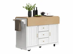OKWISH Isla Cocina|Isla de cocina blanca con tablero plegable, 3 cajones y 2 puertas - 5 ruedas