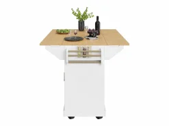 OKWISH Isla Cocina|Isla de cocina blanca con tablero plegable, 3 cajones y 2 puertas - 5 ruedas