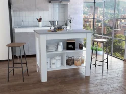 Isla de cocina Cala con tres estantes y cuatro patas , 89.91 cm X 102.87 cm X 69.85 cm , Blanco / Ibiza^TuHome