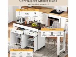 Isla de cocina central - con 4 puertas y 2 cajones - tablero extensible - con ruedas - 180,5×45×92,2 cm - Blanco + Marrón^ModernLuxe New