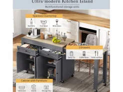 ModernLuxe Isla Cocina|Isla de cocina central - con 4 puertas y 2 cajones - tablero extensible - con ruedas - 180,5×45×92,2 cm -
