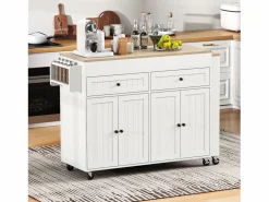 Isla de cocina central - con 4 puertas y 2 cajones - tablero extensible - con ruedas - 180,5×45×92,2 cm - Blanco + Natural^ModernLuxe Discount