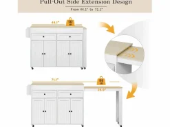 Isla de cocina central - con 4 puertas y 2 cajones - tablero extensible - con ruedas - 180,5×45×92,2 cm - Blanco + Natural^ModernLuxe Discount