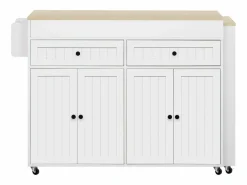 Isla de cocina central - con 4 puertas y 2 cajones - tablero extensible - con ruedas - 180,5×45×92,2 cm - Blanco + Natural^ModernLuxe Discount