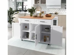 ModernLuxe Isla Cocina|Isla de cocina central con 2 cajones - Tablero extensible - patas con ruedas o de madera maciza -