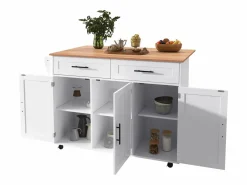 ModernLuxe Isla Cocina|Isla de cocina central con 2 cajones - Tablero extensible - patas con ruedas o de madera maciza -