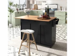 ModernLuxe Isla de cocina central con 2 cajones - Tablero extensible - patas con ruedas o de madera maciza - Negro Online