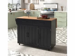 ModernLuxe Isla de cocina central con 2 cajones - Tablero extensible - patas con ruedas o de madera maciza - Negro Online
