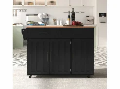 ModernLuxe Isla de cocina central con 2 cajones - Tablero extensible - patas con ruedas o de madera maciza - Negro Online