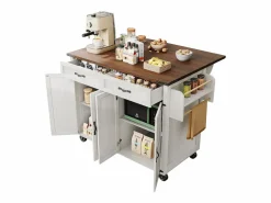 Merax Isla de cocina central móvil con 4 puertas y 2 cajones - tapa extensible - 140 x 45/73 x 93 cm - Madera MDF + metal - + natural Blanco Outlet