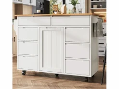 ModernLuxe Isla de cocina central móvil - Tablero extensible - 8 cajones y 1 puerta - Con estante para especias - MDF - Blanco Color natural claro / Blanco Sale