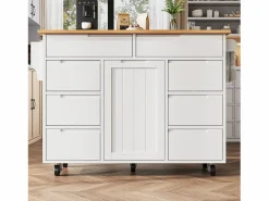 ModernLuxe Isla de cocina central móvil - Tablero extensible - 8 cajones y 1 puerta - Con estante para especias - MDF - Blanco Color natural claro / Blanco Sale