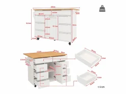 ModernLuxe Isla de cocina central móvil - Tablero extensible - 8 cajones y 1 puerta - Con estante para especias - MDF - Blanco Color natural claro / Blanco Sale