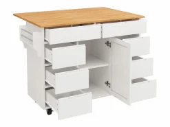 ModernLuxe Isla de cocina central móvil - Tablero extensible - 8 cajones y 1 puerta - Con estante para especias - MDF - Blanco Color natural claro / Blanco Sale