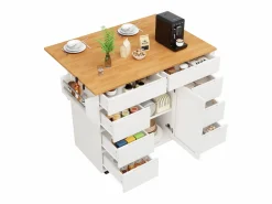 ModernLuxe Isla de cocina central móvil - Tablero extensible - 8 cajones y 1 puerta - Con estante para especias - MDF - Blanco Color natural claro / Blanco Sale