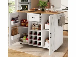 ModernLuxe Isla Cocina|Isla de cocina central móvil - Tablero extensible - 1 cajón y 3 puertas con estantes - con toallero - MDF - blanco y natural