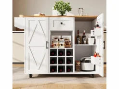 ModernLuxe Isla Cocina|Isla de cocina central móvil - Tablero extensible - 1 cajón y 3 puertas con estantes - con toallero - MDF - blanco y natural