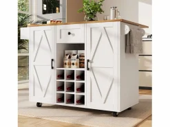 ModernLuxe Isla Cocina|Isla de cocina central móvil - Tablero extensible - 1 cajón y 3 puertas con estantes - con toallero - MDF - blanco y natural