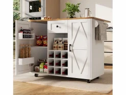 ModernLuxe Isla Cocina|Isla de cocina central móvil - Tablero extensible - 1 cajón y 3 puertas con estantes - con toallero - MDF - blanco y natural