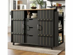 Isla de cocina central móvil - Tablero extensible - 3 cajones - Con estante para especias y toallero - MDF - Negro^ModernLuxe