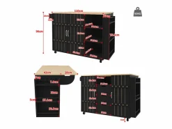 Isla de cocina central móvil - Tablero extensible - 3 cajones - Con estante para especias y toallero - MDF - Negro^ModernLuxe