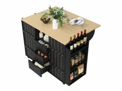 Isla de cocina central móvil - Tablero extensible - 3 cajones - Con estante para especias y toallero - MDF - Negro^ModernLuxe