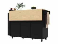 Isla de cocina central móvil - Tablero extensible - 3 cajones - Con estante para especias y toallero - MDF - Negro^ModernLuxe