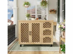 Isla de cocina central móvil - Tablero extensible - 120x45x92 cm - 2 puertas - con toallero - MDF - decoración de celosía - Natural^ModernLuxe Clearance