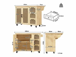 Isla de cocina central móvil - Tablero extensible - 120x45x92 cm - 2 puertas - con toallero - MDF - decoración de celosía - Natural^ModernLuxe Clearance