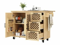 Isla de cocina central móvil - Tablero extensible - 120x45x92 cm - 2 puertas - con toallero - MDF - decoración de celosía - Natural^ModernLuxe Clearance