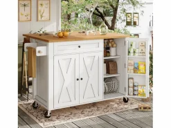 Isla de cocina central móvil - Tablero extensible - 121x70x90 cm - 1 cajón y 3 puertas - con toallero - MDF -^ModernLuxe Discount