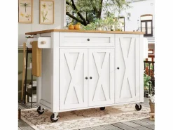 Isla de cocina central móvil - Tablero extensible - 121x70x90 cm - 1 cajón y 3 puertas - con toallero - MDF -^ModernLuxe Discount