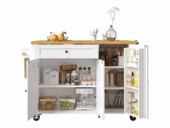 Isla de cocina central móvil - Tablero extensible - 121x70x90 cm - 1 cajón y 3 puertas - con toallero - MDF -^ModernLuxe Discount