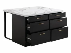 Vente-unique Isla Cocina|Isla de cocina con 6 cajones de MDF y metal - Negro y efecto mármol blanco - ALEGRITA