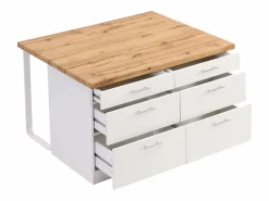 Vente-unique Isla de cocina con 6 cajones de MDF y metal - Blanco y Natural claro - ALEGRITA Color natural claro / Blanco