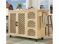 Hauss Spole Mueble Camarera|Isla de cocina con 2 puertas y 3 cajones, encimera extensible, diseño de tablero de ajedrez, color natural