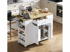 Merax Isla Cocina|Isla de cocina con comedor extensible + cajones + 2 puertas - 131,8 x 40/70 x 93,9 cm - MDF - blanca