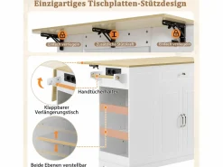 Merax Isla Cocina|Isla de cocina con comedor extensible + cajones + 2 puertas - 131,8 x 40/70 x 93,9 cm - MDF - blanca
