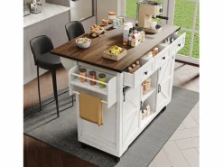 Isla de cocina con encimera abatible - Carrito de cocina con 2 puertas correderas y 3 cajones - toallero y portavasos - Blanco