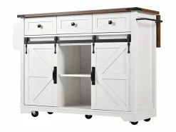 Isla de cocina con encimera abatible - Carrito de cocina con 2 puertas correderas y 3 cajones - toallero y portavasos - Blanco