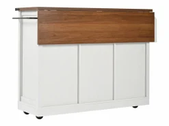 Isla de cocina con encimera abatible - Carrito de cocina con 2 puertas correderas y 3 cajones - toallero y portavasos - Blanco