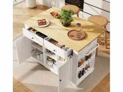 Isla de cocina con encimera abatible, carrito de cocina con toma de corriente, MDF y metal, y natural (151,5x59,7x91,7 cm) Blanco Hot