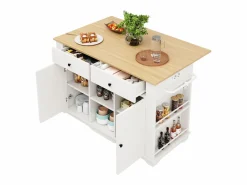 Isla de cocina con encimera abatible, carrito de cocina con toma de corriente, MDF y metal, y natural (151,5x59,7x91,7 cm) Blanco Hot