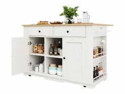 Isla de cocina con encimera abatible, carrito de cocina con toma de corriente, MDF y metal, y natural (151,5x59,7x91,7 cm) Blanco Hot