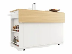Isla de cocina con encimera abatible, carrito de cocina con toma de corriente, MDF y metal, y natural (151,5x59,7x91,7 cm) Blanco Hot