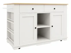 Isla de cocina con encimera abatible, carrito de cocina con toma de corriente, MDF y metal, y natural (151,5x59,7x91,7 cm) Blanco Hot