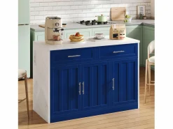 OKWISH Isla de cocina con puerto USB, 3 puertas y 2 cajones - MDF - Blanca y - para salón y cocina Azul Clearance