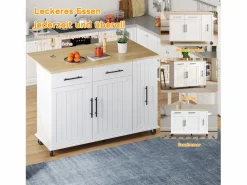 Merax Isla Cocina|Isla de cocina con ruedas - 120 x 40 x 90 cm - con almacenaje deslizante + 2 cajones + 2 puertas -