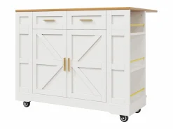 Merax Isla de cocina con ruedas - 120 x 65 x 90 cm - Carrito con módulos extensibles - 2 puertas + 2 cajones - MDF - Blanco Hot