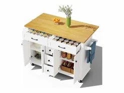Merax Isla de cocina con ruedas - 140 x 65 x 89 cm - con encimera extensible + 5 cajones + 4 puertas - Blanco New